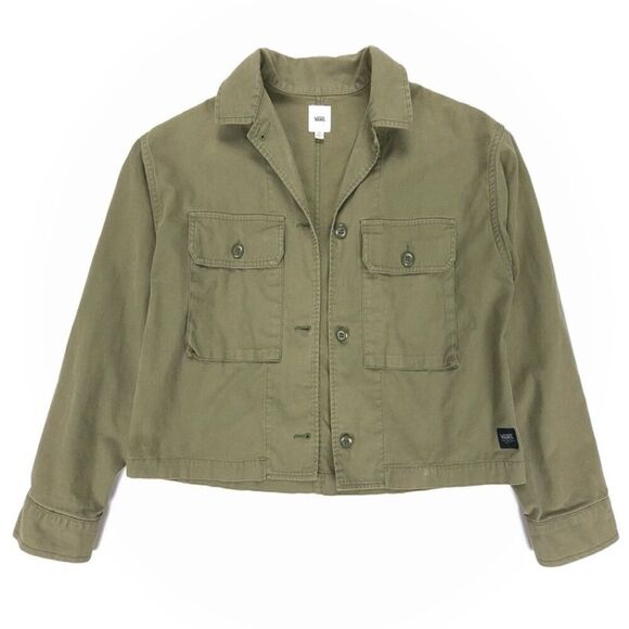 VANS Cropped Button Down Utility Military Shirt Jacket Workwear XS Olive Green - Picture 1 of 6